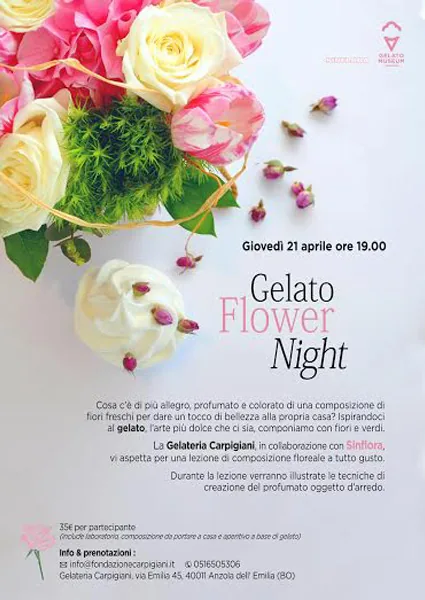 Locandina della Gelato Flower Night, lezione di composizione floreale della Gelateria Carpigiani con Sinflora, giovedì 21 aprile alle 19.00: rose, tulipani rosa, boccioli e un gelato su fondo chiaro