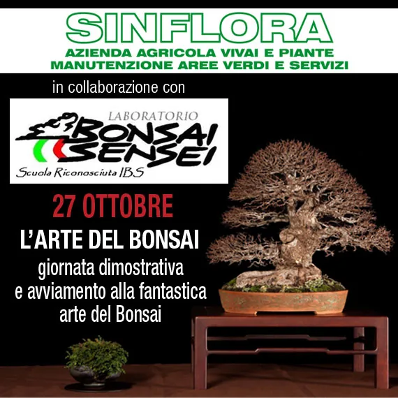 Locandina di Sinflora con il Laboratorio Bonsai Sensei: un grande bonsai su un tavolino di legno e la scritta 27 ottobre, l'arte del bonsai