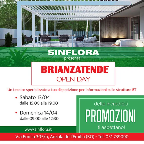 Locandina dell'open day Brianza Tende da Sinflora: una pergola bioclimatica bianca su un patio con prato, sabato 13 aprile dalle 15 alle 19 e domenica 14 aprile dalle 9 alle 12.30