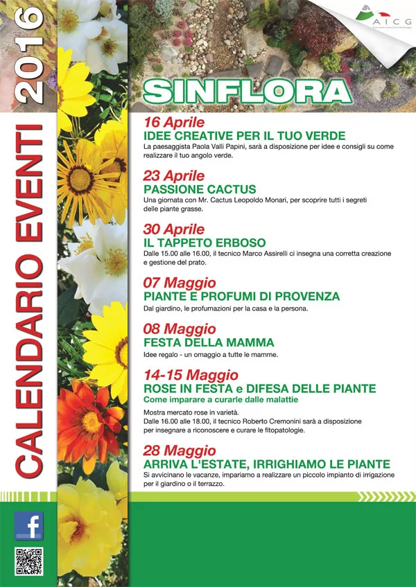 Locandina del calendario eventi 2016 di Sinflora: fiori gialli, bianchi e arancio sul lato e le sette date fra il 16 aprile e il 28 maggio