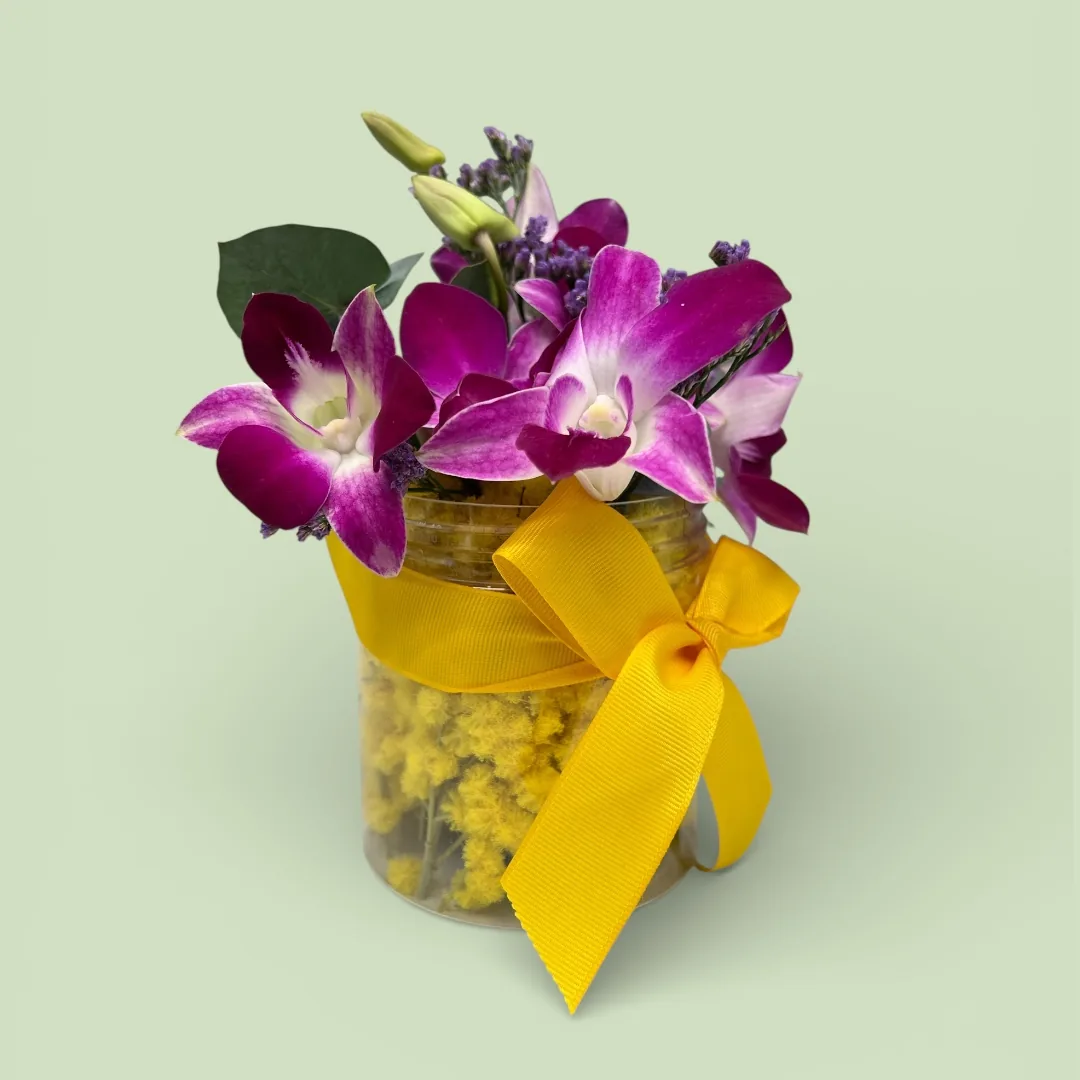 Mazzo piccolo di orchidee fucsia in un vasetto trasparente riempito di mimosa, chiuso da un nastro giallo con il fiocco