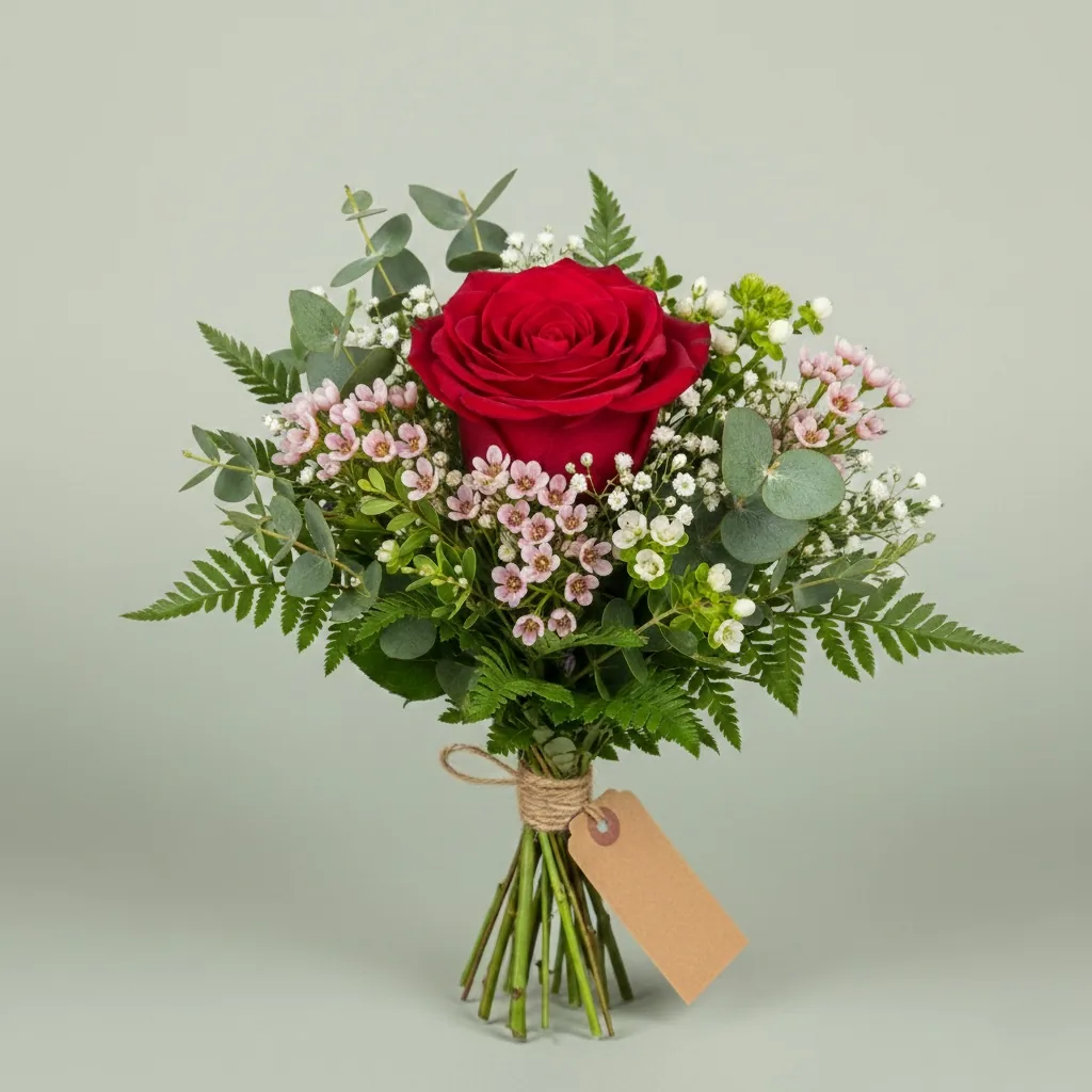 Mazzo con una rosa rossa al centro, fiori rosa chiaro, felci ed eucalipto, legato con lo spago e un cartellino