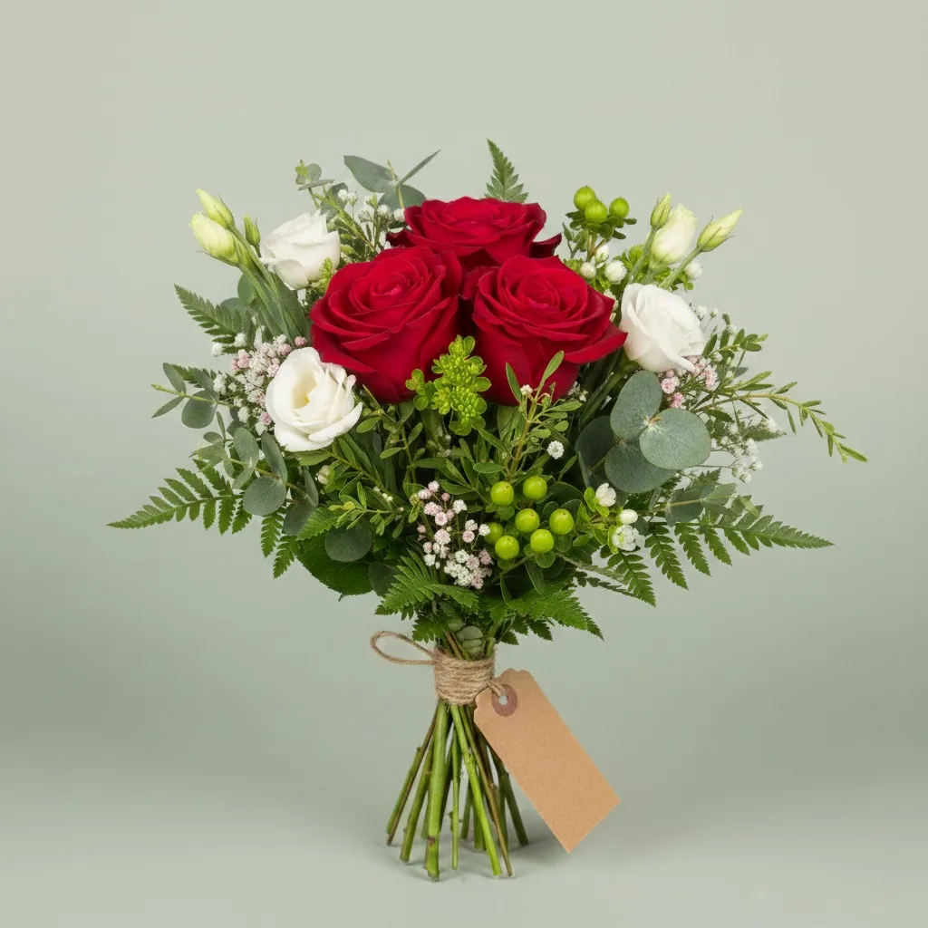 Mazzo di tre rose rosse con fiori bianchi e verde, legato con lo spago e un cartellino