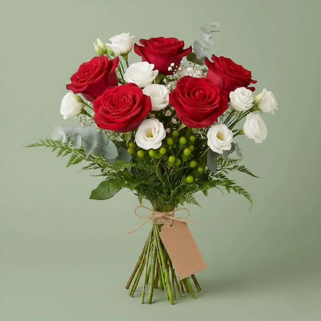 Mazzo di cinque rose rosse con fiori bianchi e felci, legato con lo spago e un cartellino