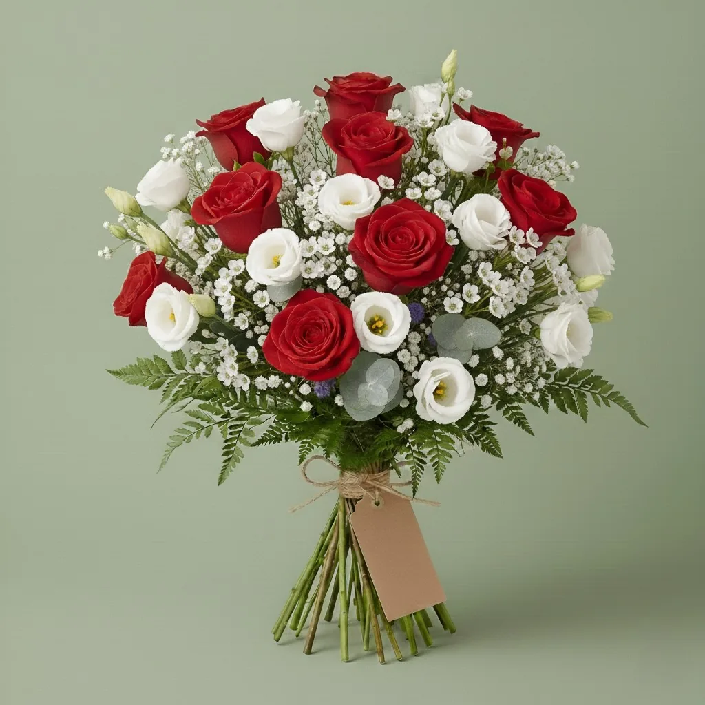 Mazzo rotondo di nove rose rosse con fiori bianchi, gypsophila e felci, legato con lo spago e un cartellino