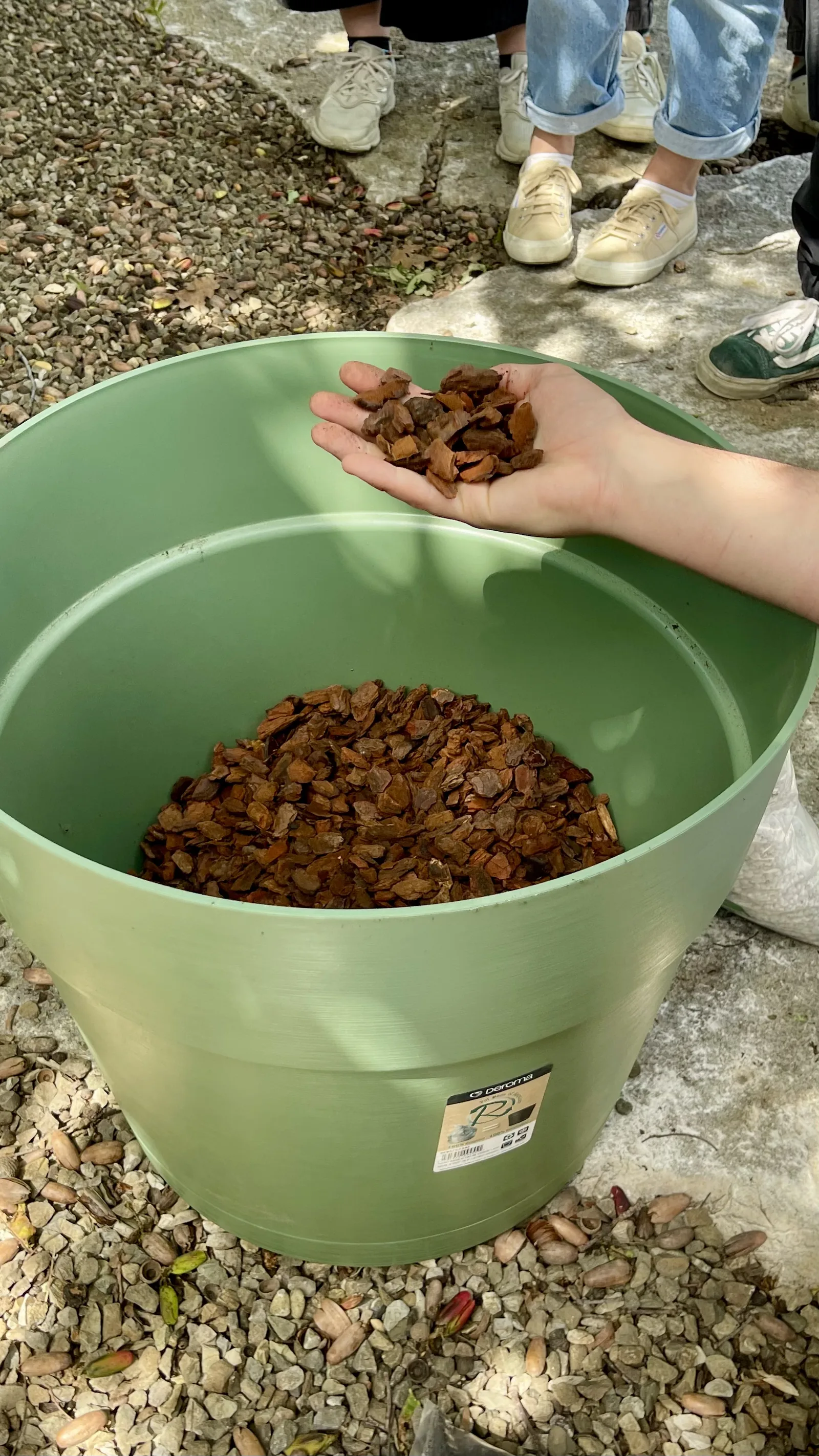 Una mano tiene una manciata di corteccia sopra un grande vaso verde con altra corteccia sul fondo, fra i piedi dei partecipanti