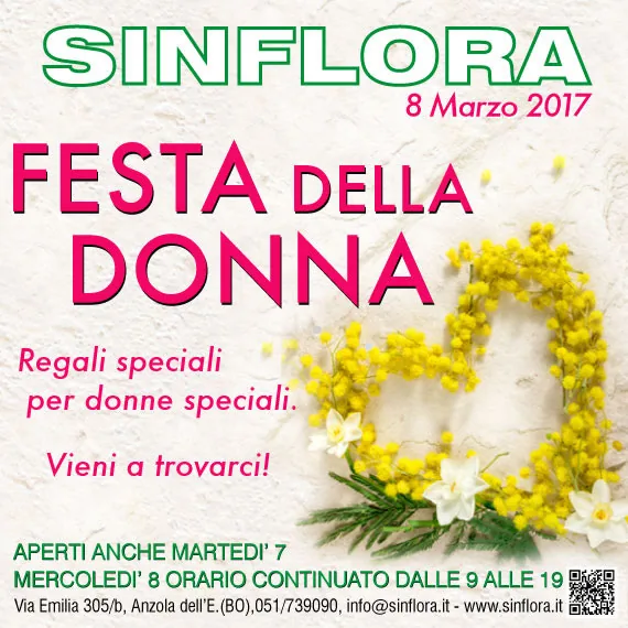 Locandina della Festa della donna 8 marzo 2017: un cuore di mimosa con narcisi bianchi su un muro chiaro; aperti anche martedì 7, mercoledì 8 orario continuato dalle 9 alle 19