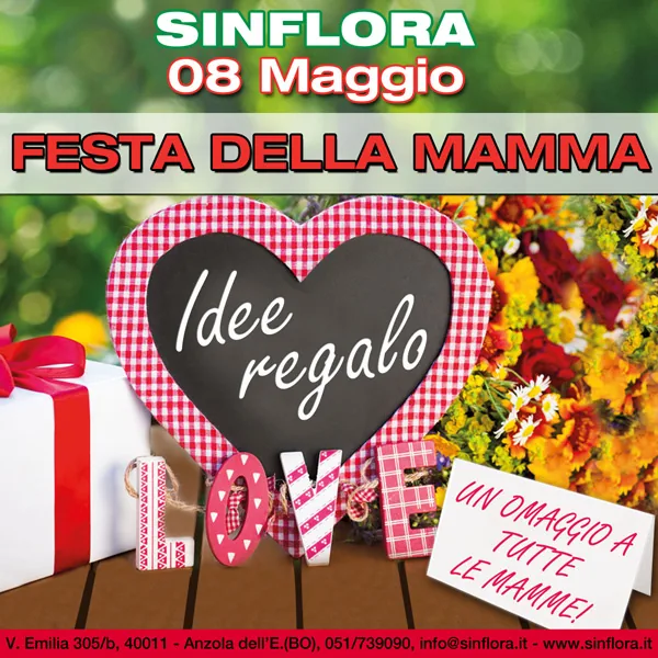 Locandina della Festa della mamma di Sinflora dell'8 maggio: un cuore a quadretti rosa con la scritta Idee regalo, un pacco con il fiocco rosso, fiori e un biglietto con un omaggio a tutte le mamme