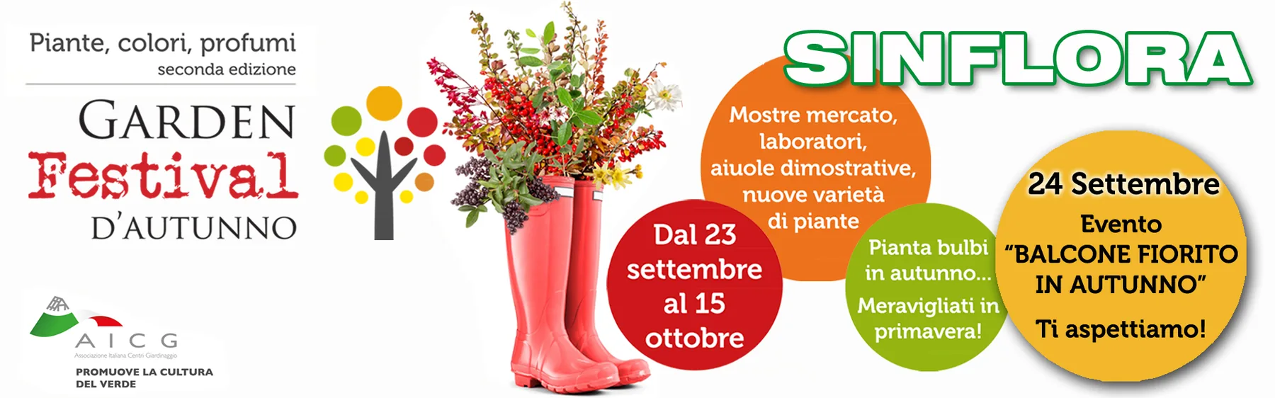Locandina di Sinflora per il Garden Festival d'Autunno, seconda edizione: dal 23 settembre al 15 ottobre, evento Balcone fiorito in autunno il 24 settembre