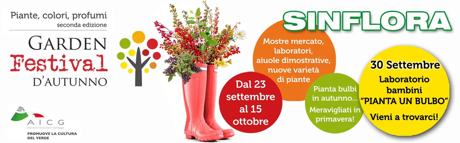 Locandina di Sinflora per il Garden Festival d'Autunno, seconda edizione: dal 23 settembre al 15 ottobre, laboratorio per bambini Pianta un bulbo il 30 settembre