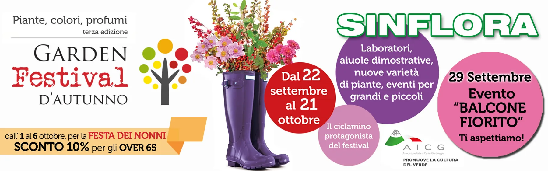 Locandina di Sinflora per il Garden Festival d'Autunno, terza edizione: dal 22 settembre al 21 ottobre, evento Balcone fiorito il 29 settembre