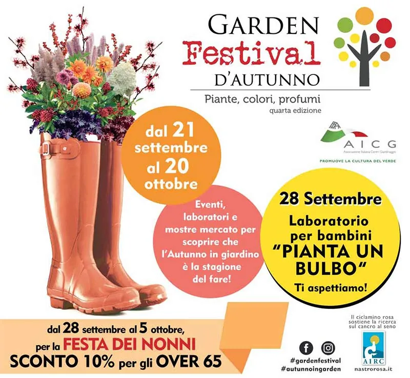 Locandina del Garden Festival d'Autunno, quarta edizione: stivali di gomma pieni di fiori, dal 21 settembre al 20 ottobre, laboratorio per bambini Pianta un bulbo il 28 settembre