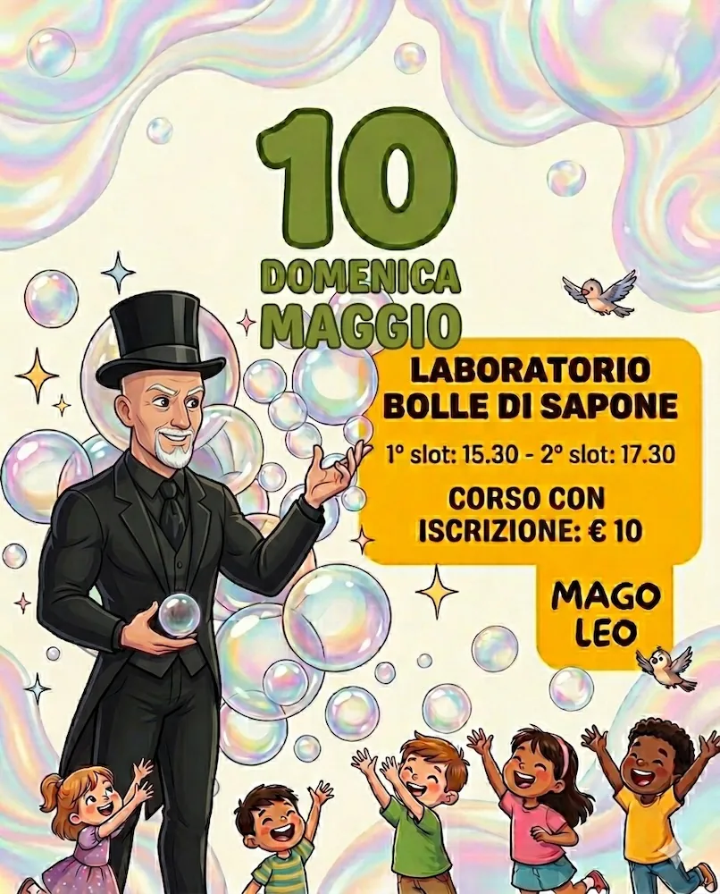 Locandina: domenica 10 maggio, laboratorio di bolle di sapone con il Mago Leo, disegnato in cilindro fra le bolle e i bambini, primo turno alle 15.30 e secondo alle 17.30, corso con iscrizione a 10 euro