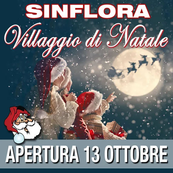 Locandina del Villaggio di Natale Sinflora con due bambini che guardano la luna e la slitta di Babbo Natale: apertura 13 ottobre