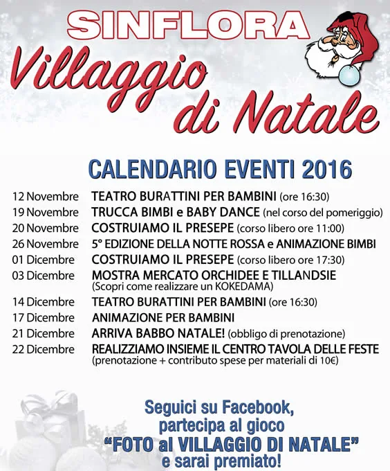 Locandina del calendario eventi 2016 del Villaggio di Natale Sinflora, con gli appuntamenti di novembre e dicembre e l'invito al gioco Foto al Villaggio di Natale