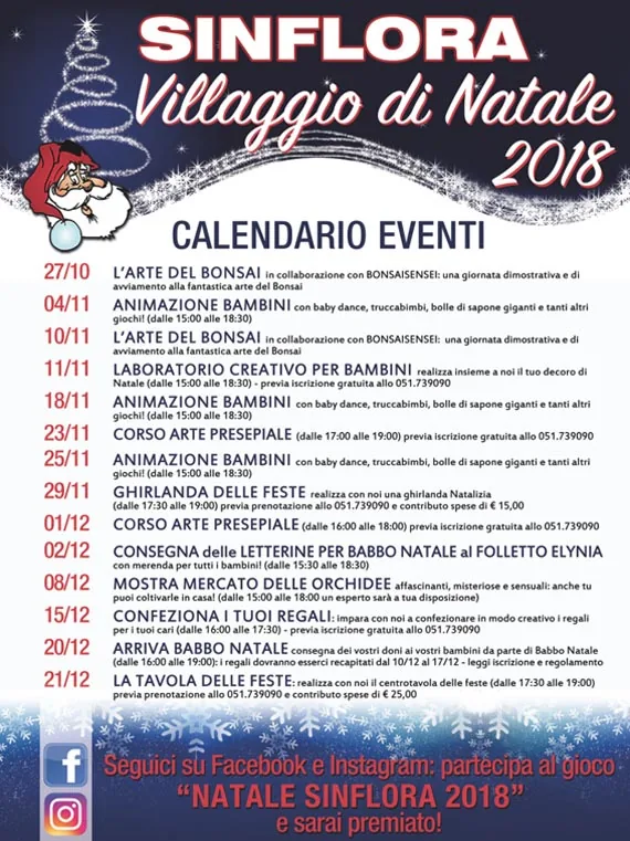 Locandina del calendario eventi del Villaggio di Natale Sinflora 2018, con le date dal 27 ottobre al 21 dicembre e l'invito al gioco Natale Sinflora 2018