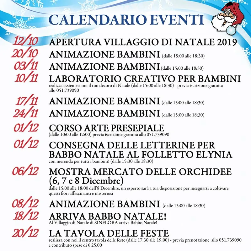 Locandina del calendario eventi del Villaggio di Natale 2019, dal 12 ottobre al 20 dicembre: animazione e laboratorio bambini, corso di arte presepiale, letterine a Babbo Natale, mostra delle orchidee, arrivo di Babbo Natale e La tavola delle feste