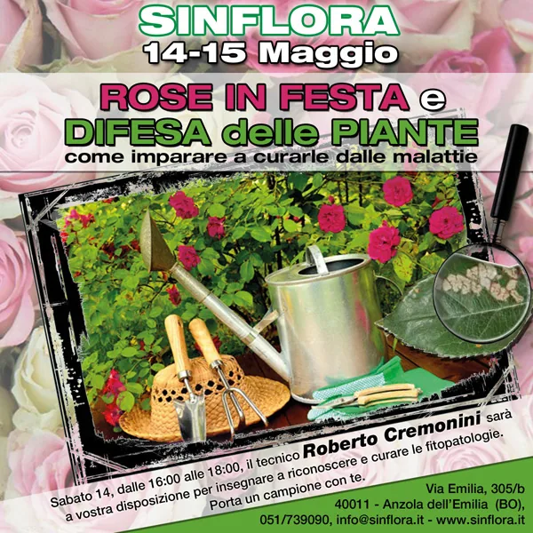 Locandina Rose in festa e difesa delle piante del 14 e 15 maggio: rose fucsia, annaffiatoio, attrezzi, cappello di paglia e lente su una foglia malata; sabato 14 dalle 16.00 alle 18.00 il tecnico Roberto Cremonini insegna a curare le fitopatologie