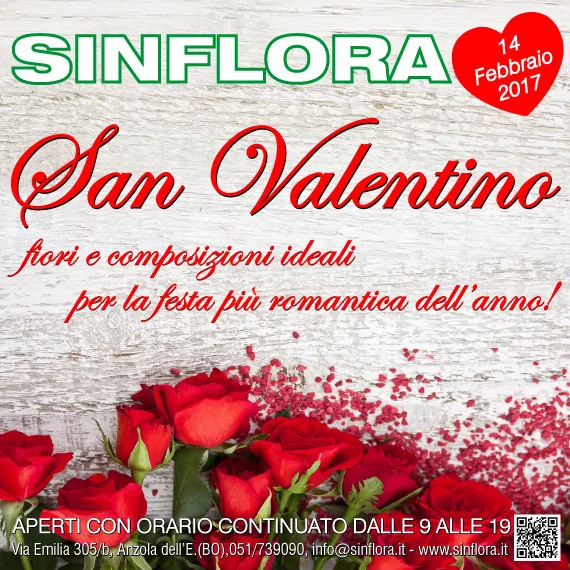 Locandina di San Valentino 2017 di Sinflora: rose rosse su legno chiaro e petali sparsi, il 14 febbraio 2017 aperti con orario continuato dalle 9 alle 19