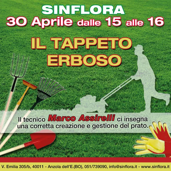 Locandina Il tappeto erboso del 30 aprile dalle 15 alle 16, col tecnico Marco Assirelli: la sagoma di un uomo con il tosaerba su un prato verde, con forcone, rastrelli, paletta e guanti in primo piano