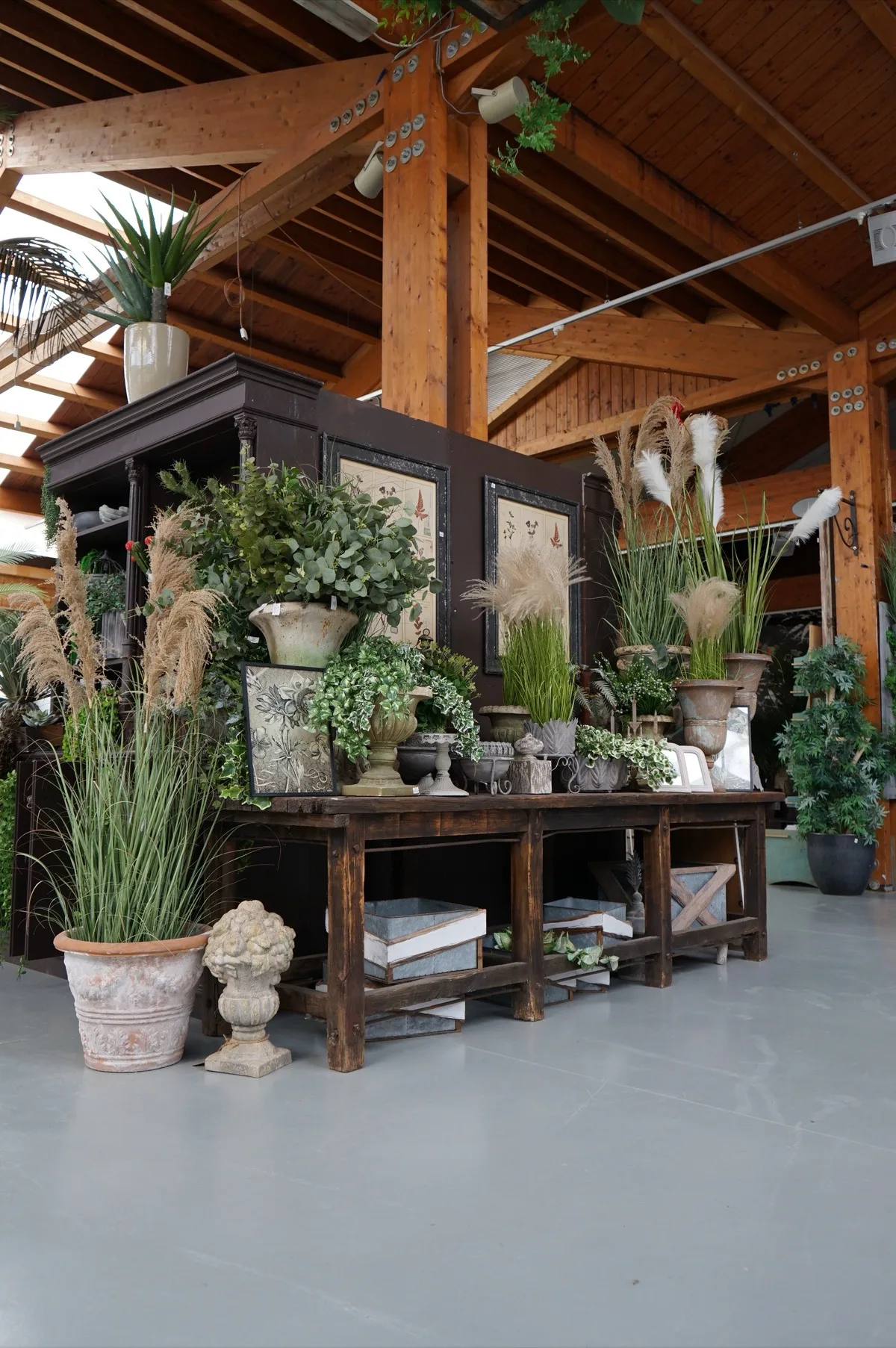Banco di legno con pampas, graminacee e vasi a coppa color pietra davanti a una credenza scura e due stampe botaniche