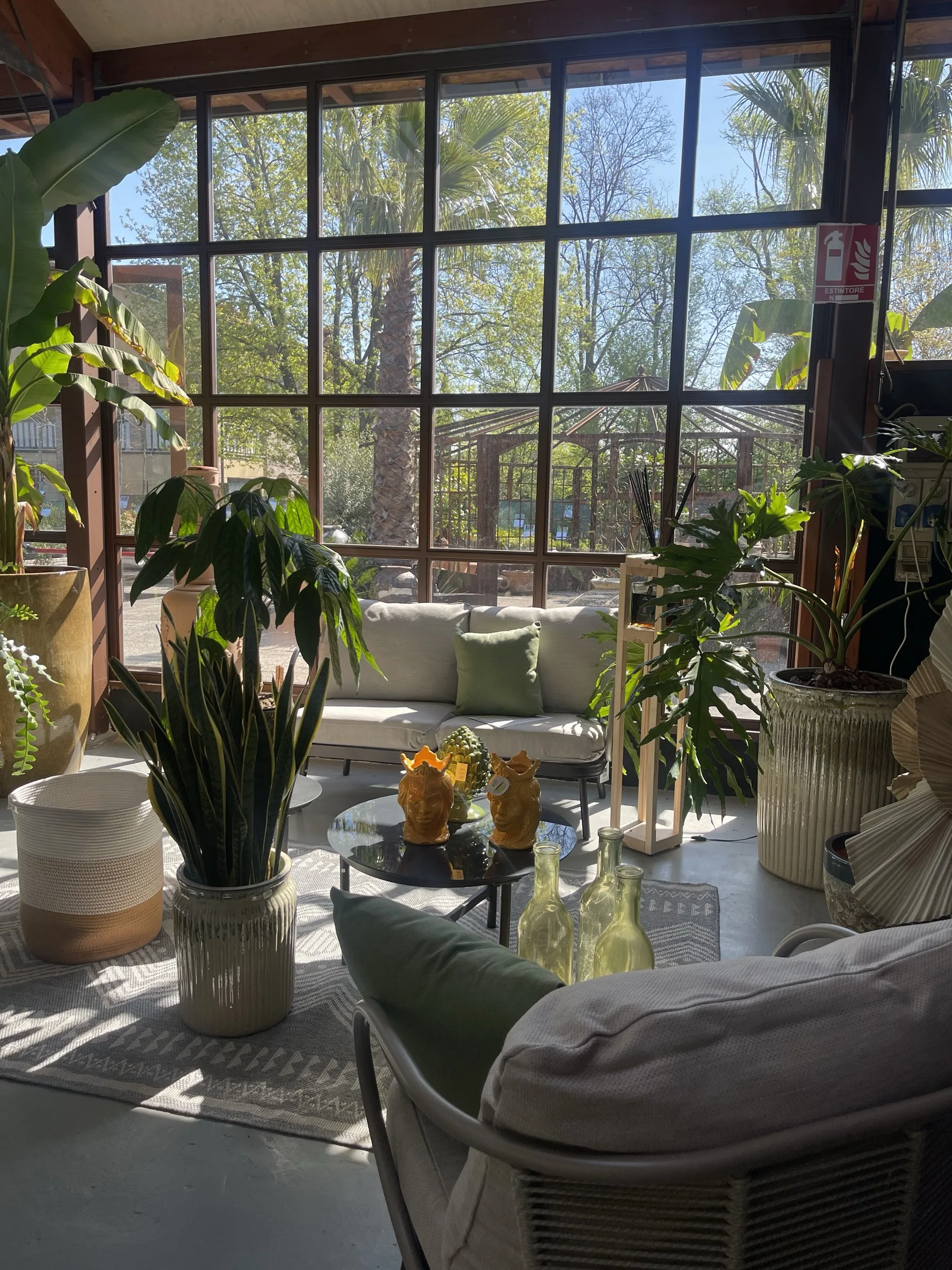 Veranda con divano chiaro, una poltrona in corda in primo piano, tappeto a rombi, sansevieria e philodendron in vaso, teste di moro gialle sul tavolino