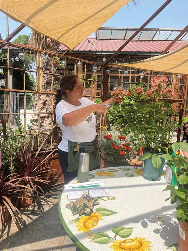 Una donna col grembiule da lavoro pota con le forbici un arbusto fiorito, accanto al tavolo con i girasoli dipinti