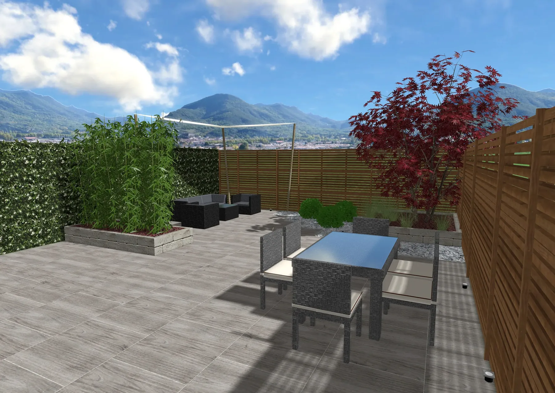 Render di progetto: cortile pavimentato con tavolo e sedie, frangivista in legno, bambù in fioriera e un acero rosso
