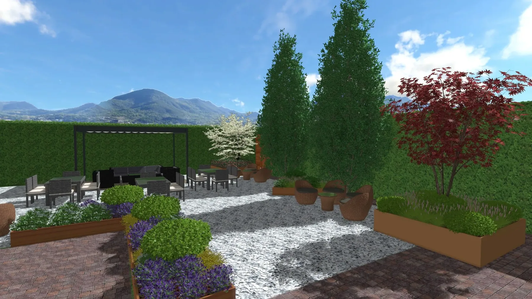 Render di progetto: cortile in ghiaia bianca con fioriere in corten, due alberi colonnari, un acero rosso e un salotto sotto la pergola
