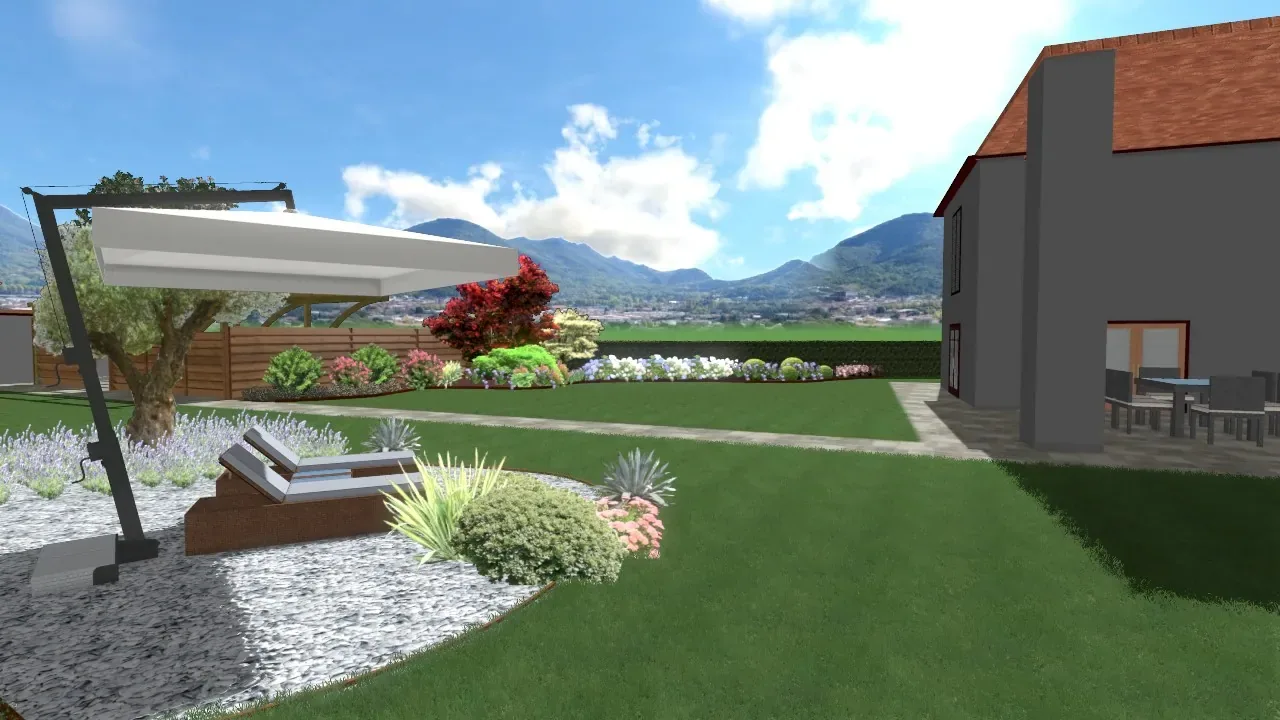 Render di progetto: prato con aiuola di ghiaia e graminacee, due lettini e un ombrellone a braccio, accanto alla casa