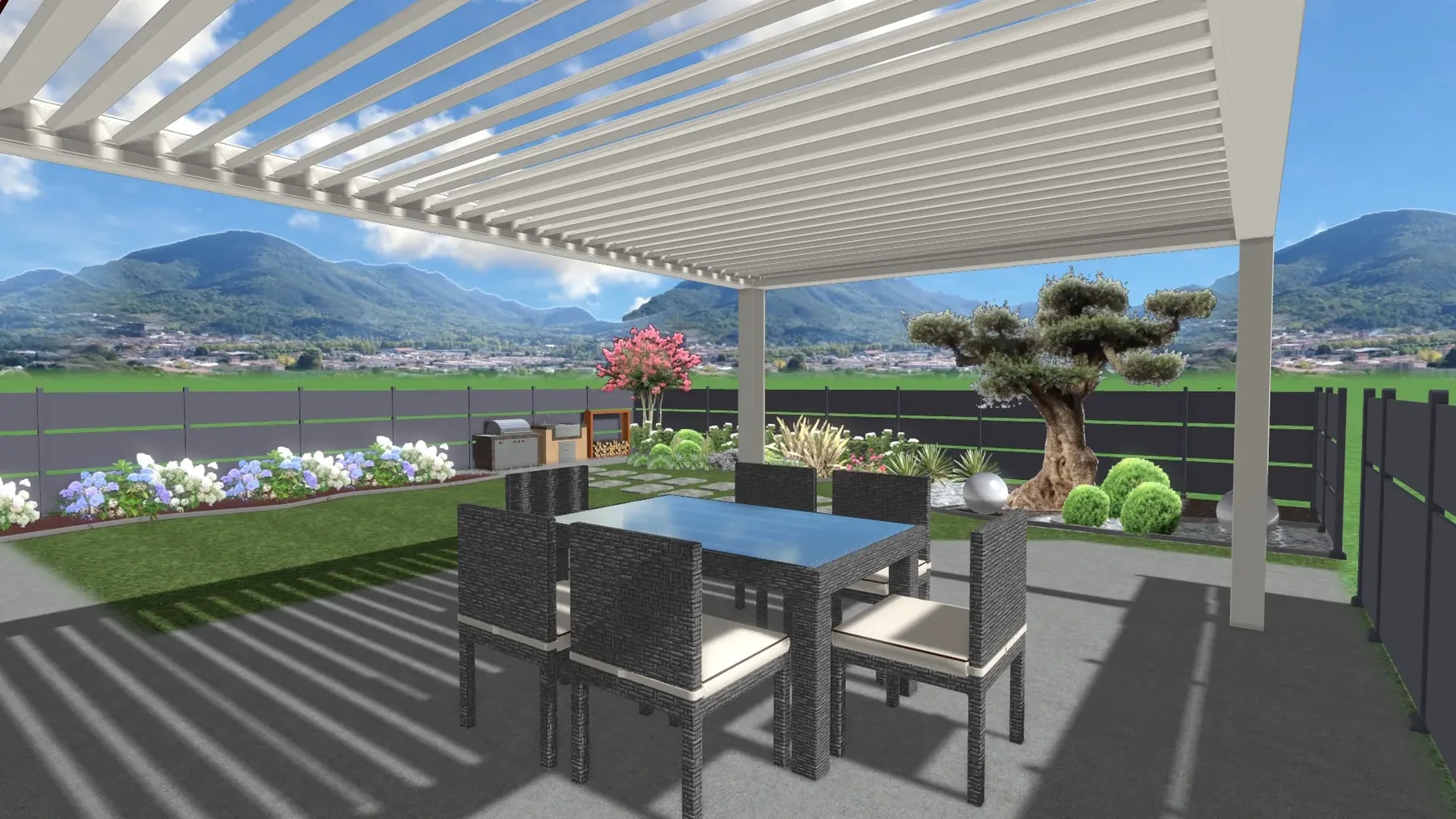 Render di progetto: pergola bianca a lamelle sopra un tavolo da esterno, prato con ortensie e un olivo potato a nuvola sul fondo