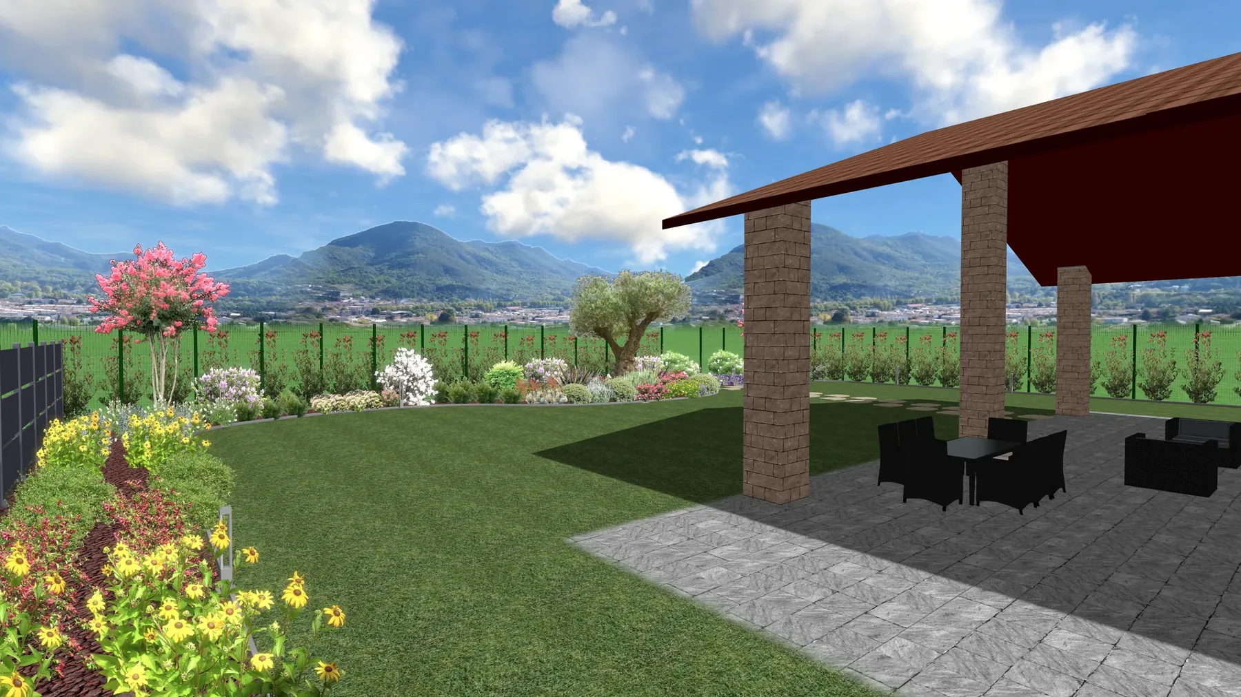 Render di progetto: portico in mattoni con salotto da esterno, prato e bordura fiorita verso i campi