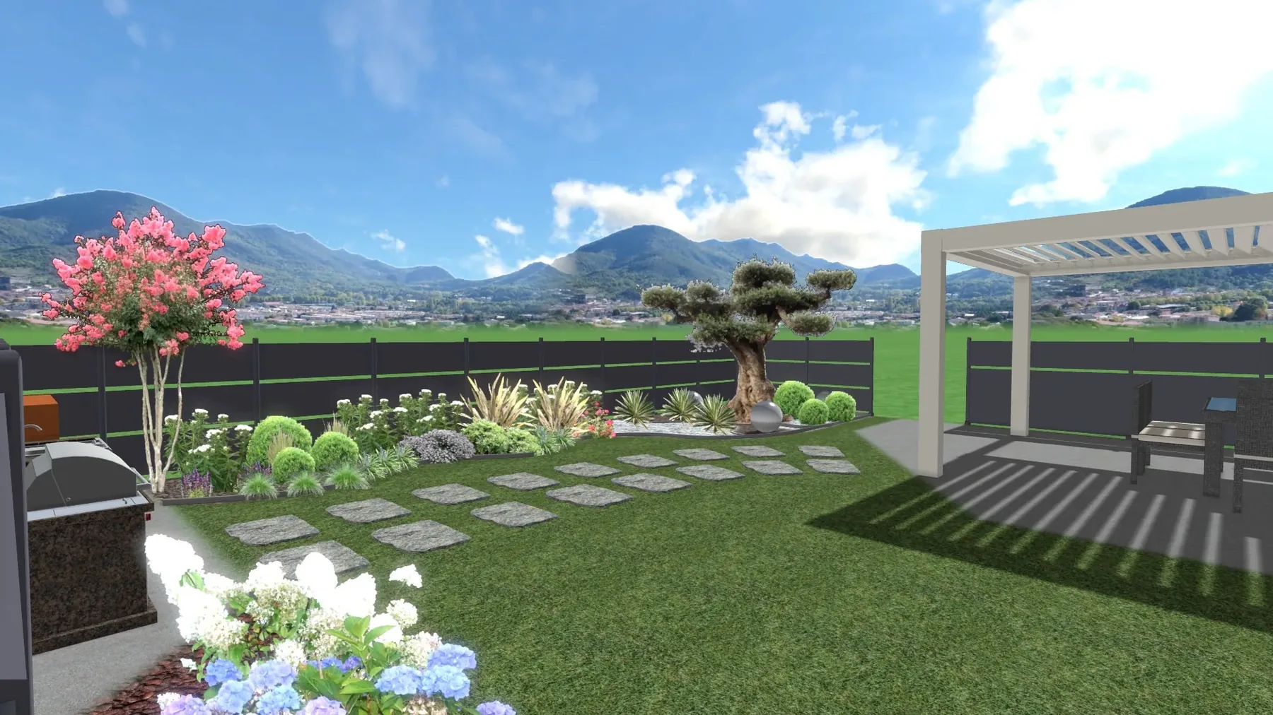 Render di progetto: prato attraversato da passi in pietra, ortensie, un olivo a nuvola e un albero a fiori rosa
