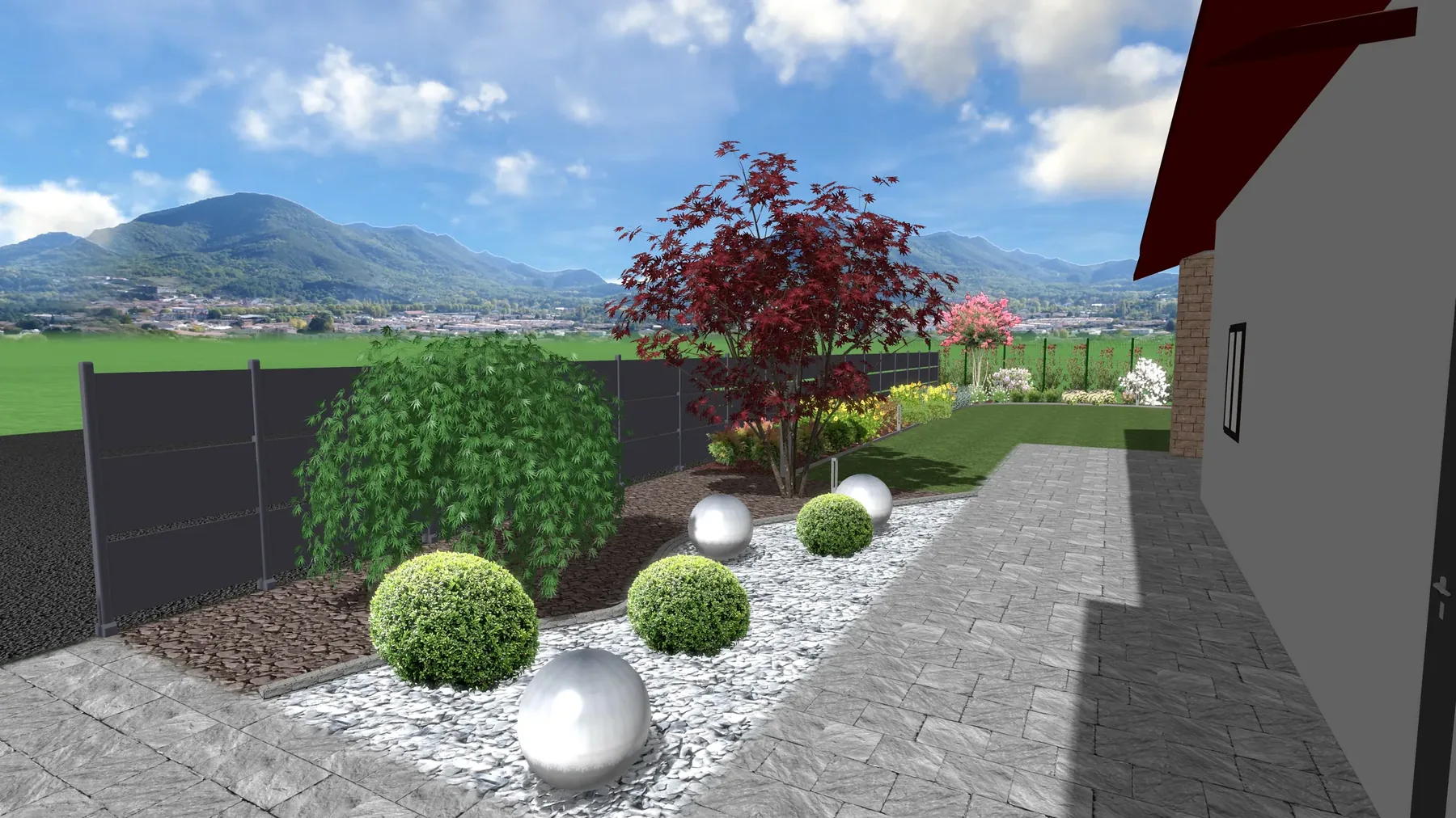 Render di progetto: vialetto in lastre grigie accanto a un'aiuola di ghiaia bianca con sfere di bosso e sfere in acciaio