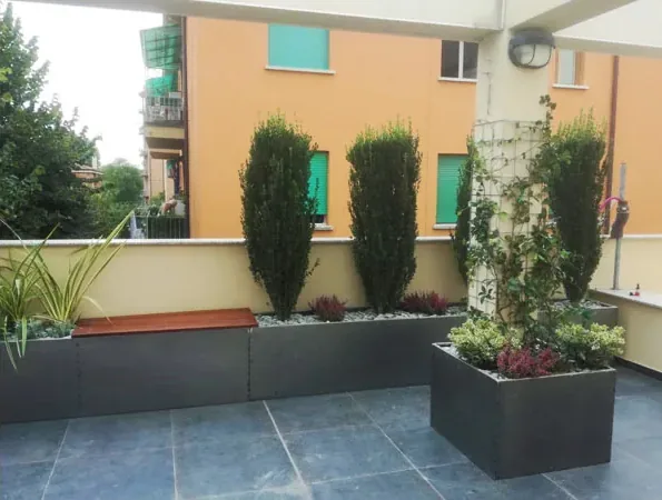 Dopo: fioriere scure con arbusti colonnari, una seduta in legno e un rampicante sul grigliato