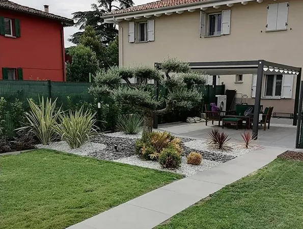 Dopo: prato, vialetto in lastre e aiuola con un ulivo potato a nuvola e phormium, davanti al portico con la pergola