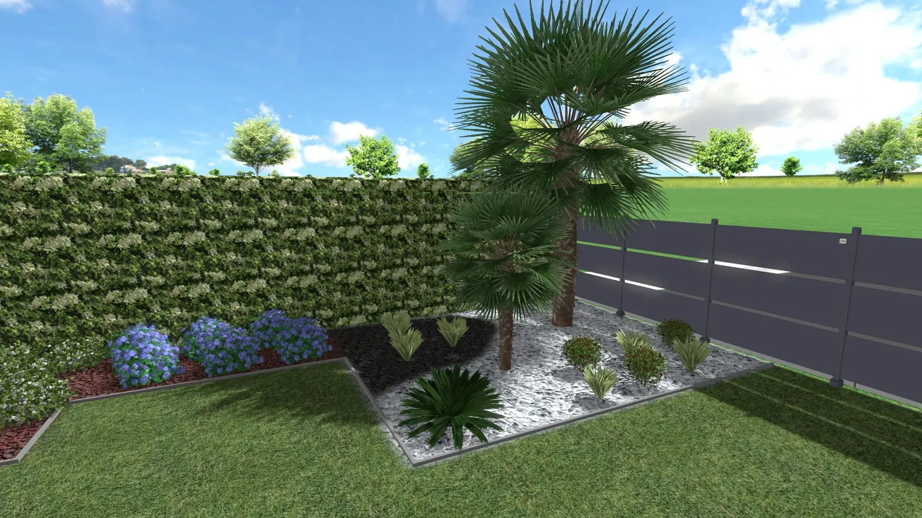 Vista 3D di progetto dell'angolo di un giardino con due palme, ghiaia bianca, ortensie blu e una siepe lungo il confine, accanto a una recinzione grigia