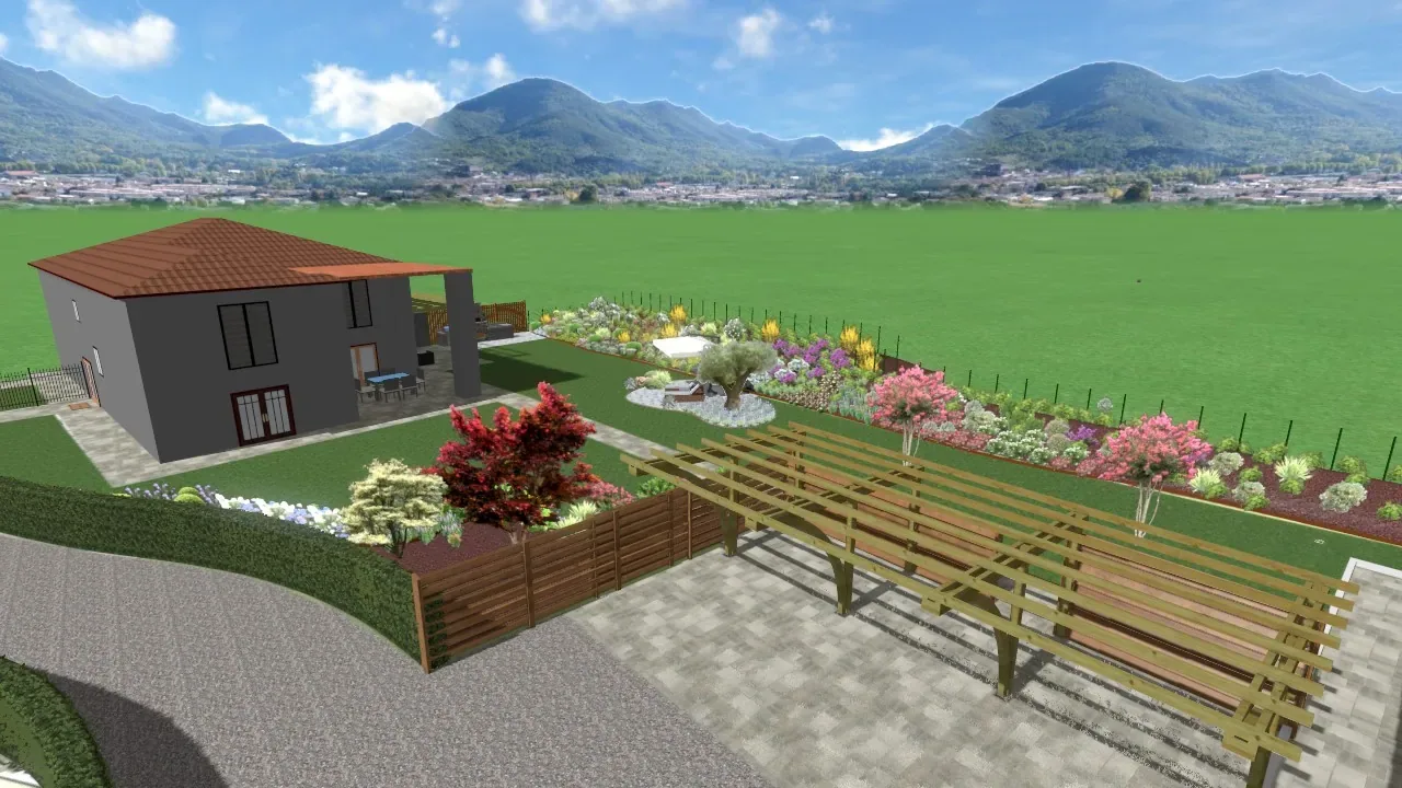 Vista 3D di progetto di una casa con il giardino, una pergola in legno sul piazzale lastricato e aiuole fiorite lungo la recinzione