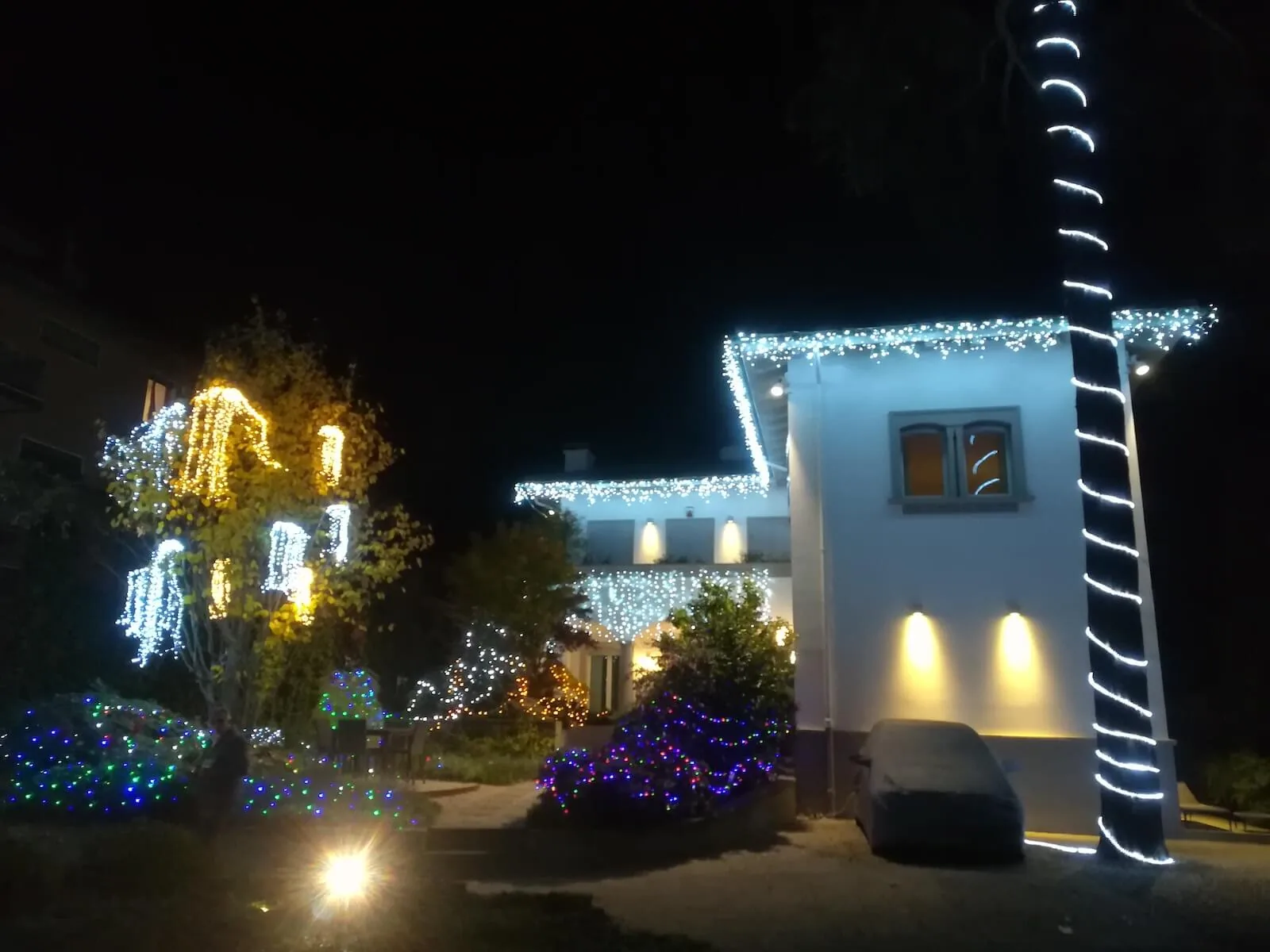 Casa bianca di notte con il profilo del tetto in luci, alberi e cespugli illuminati e un tubo luminoso avvolto a spirale su un alto tronco