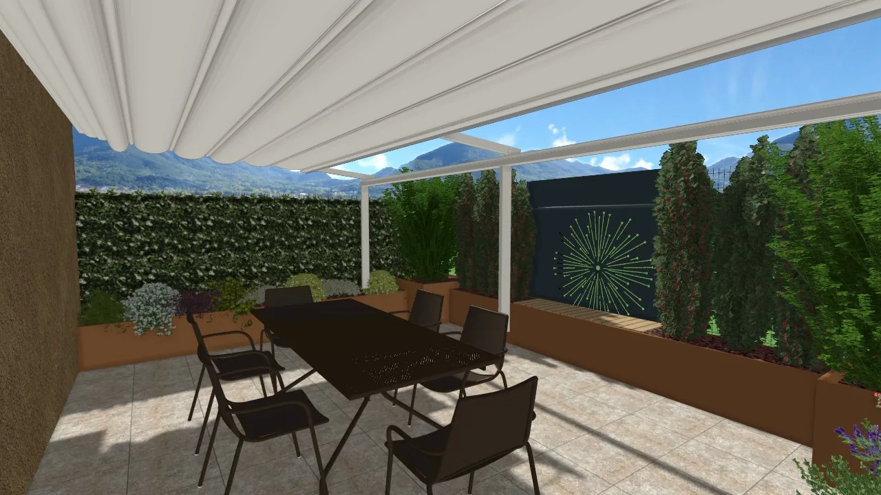 Vista 3D di progetto di un tavolo sotto una tenda da sole, con fioriere in corten, una fila di arbusti colonnari e un pannello decorativo sulla parete