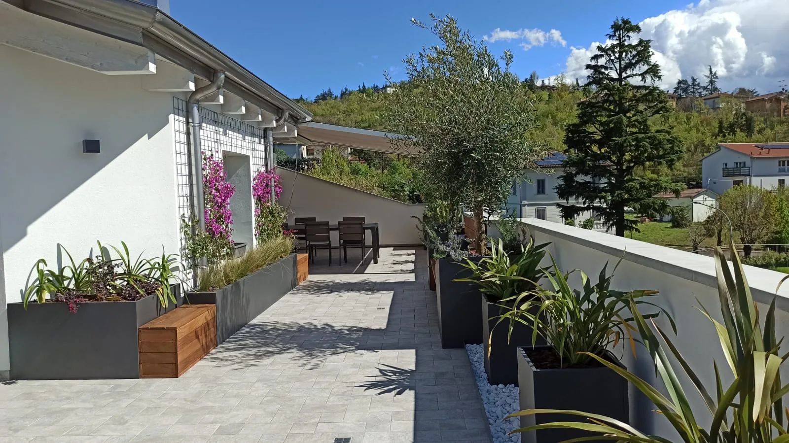 Terrazzo lungo con fioriere antracite, due bougainvillee in fiore, un olivo e una panca in legno, con le colline alle spalle