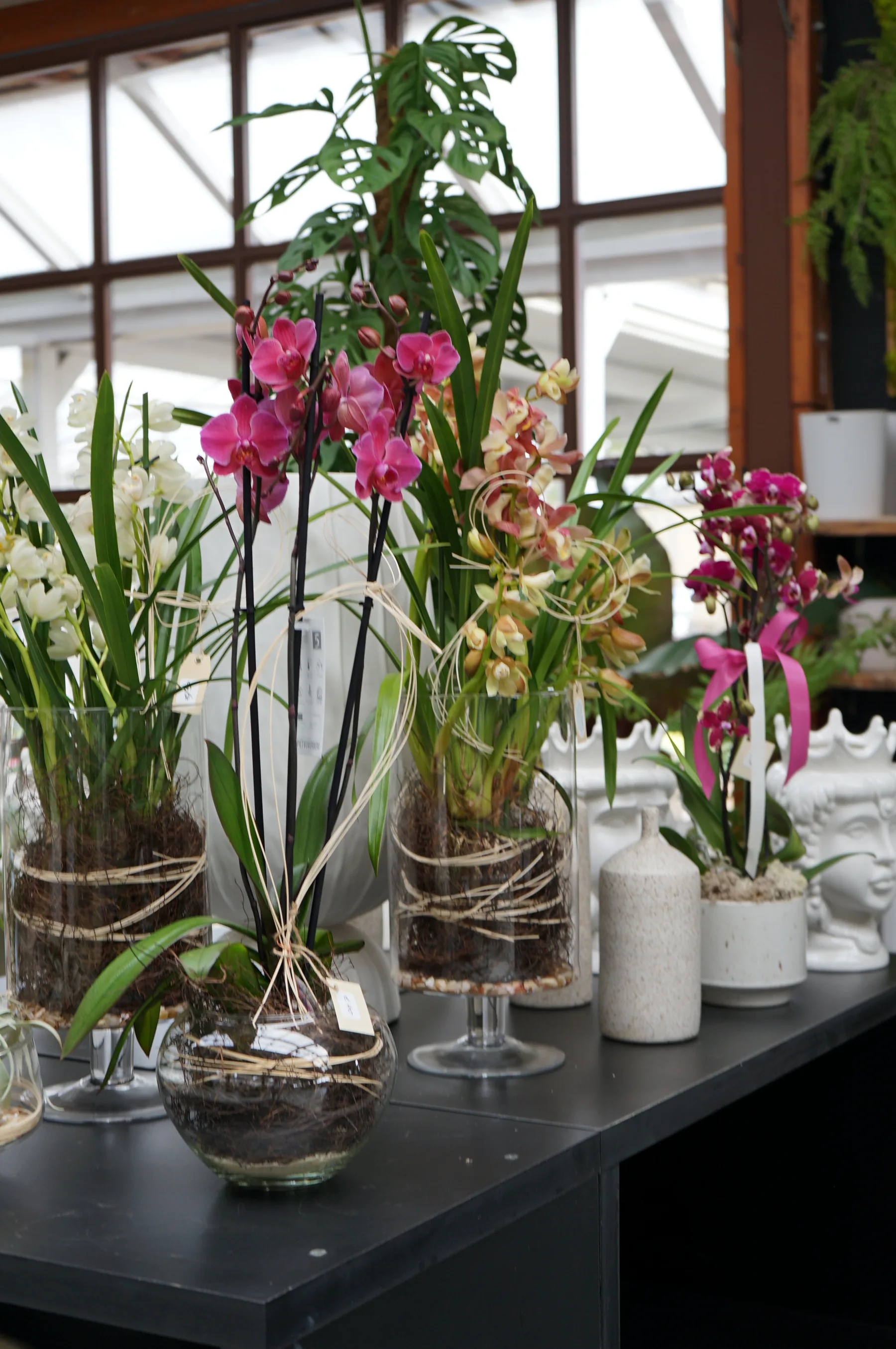 Orchidee fucsia, bianche e color salmone in vasi di vetro legati con la rafia, su un tavolo nero