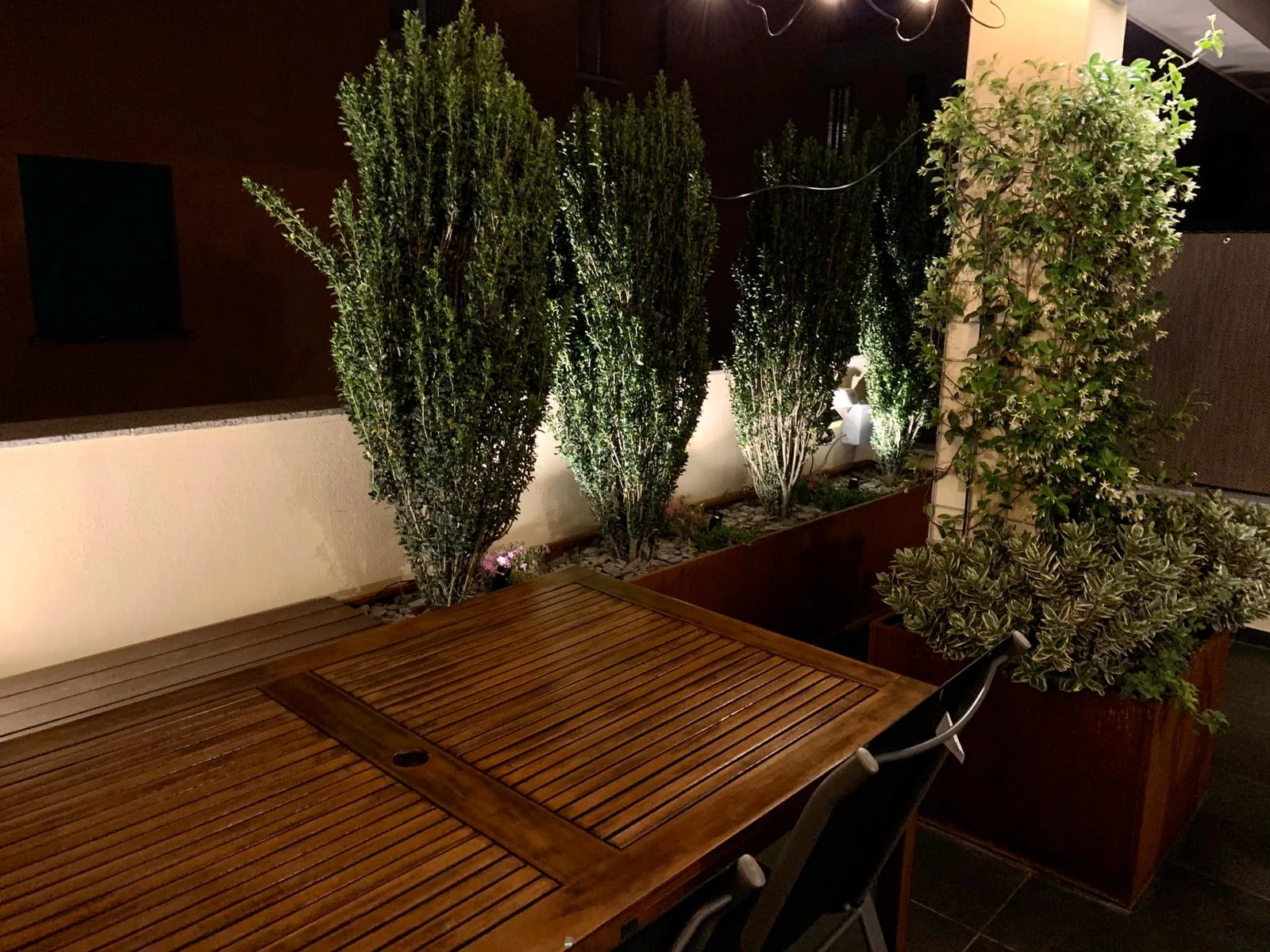 Tavolo in legno su un terrazzo di sera, con arbusti colonnari e un rampicante nelle fioriere in corten