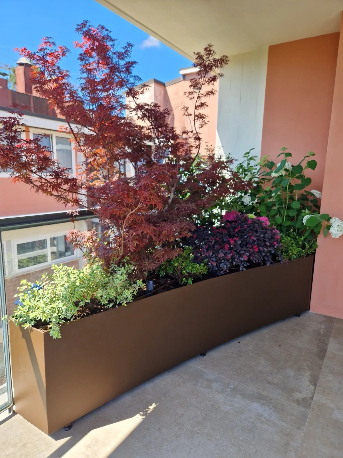 Fioriera curva color bronzo su un balcone, con acero rosso, ortensia bianca, un arbusto dalle foglie scure e dai fiori fucsia e un arbusto variegato